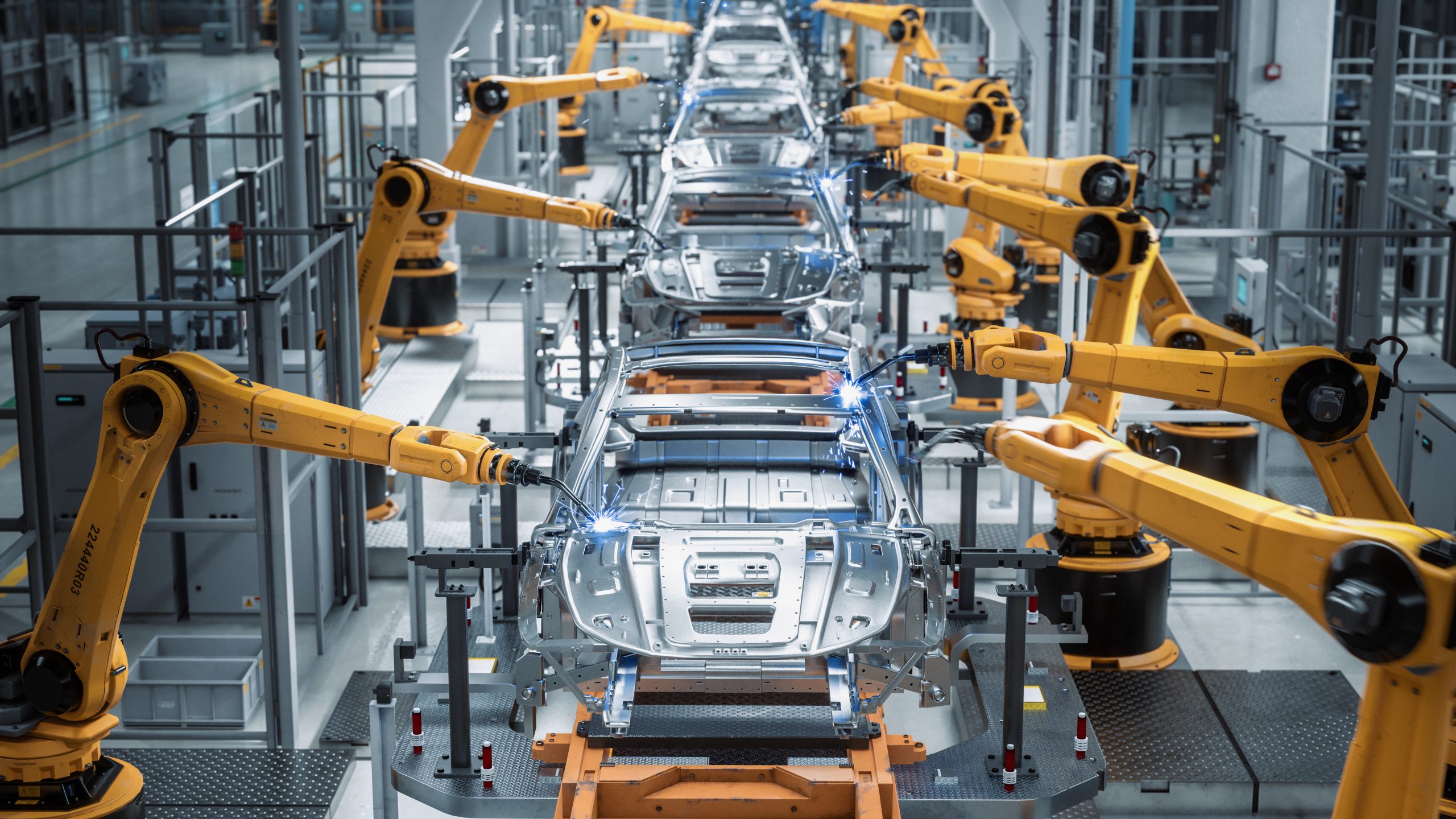Car Factory 3D Concept : Chaîne de montage de robots automatisés pour la fabrication de véhicules électriques à énergie verte de haute technologie. Convoyeur automatique de construction, de bâtiment, de soudage et de production industrielle. Vue de face